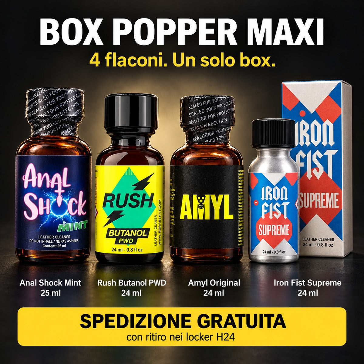 Box Popper Maxi 4x24ml - Spedizione Gratuita (Anal Shock, Rush Butanol, Amyl Original, Iron Fist Supreme)