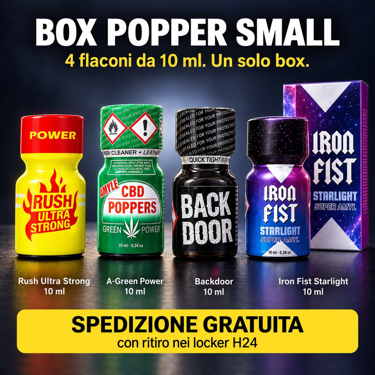 Box Popper Small 4x10ml - Spedizione Gratuita (Rush Ultra Strong, A-Green Power, Backdoor, Iron Fist Starlight)