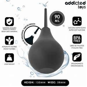 Doccia a pera nera con cannula sottile e icone delle caratteristiche: silicone morbido, flessibile, 90 ml, 135 x 58 mm