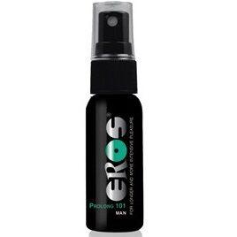 Spray ritardante Eros Prolong 101 Man da 30 ml: flacone nero con logo Eros argento e verde, erogatore spray e tappo trasparente