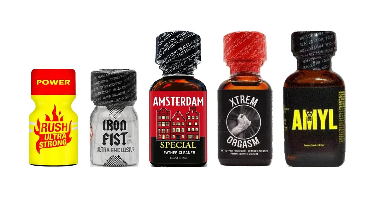 I cinque flaconi della classifica: Rush Ultra Strong, Iron Fist Ultra Exclusive, Amsterdam Special, Xtrem Orgasm e Amyl Original