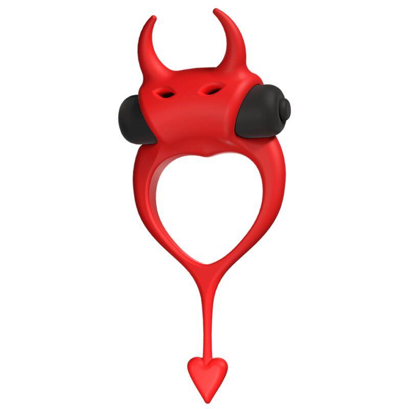 Adrien Lastic Devol, anello vibrante rosso a forma di diavoletto con corna, mini bullet nero e coda a cuore, vista frontale