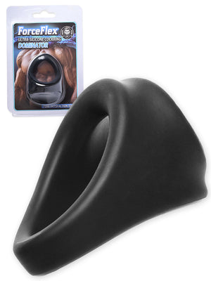 ForceFlex Dominator, cockring doppio in silicone nero davanti alla confezione blister