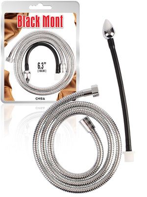 Black Mont Anal Deep Shower: blister con il flessibile argentato e il tubo nero con punta in metallo