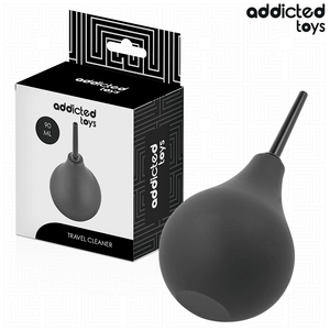 Addicted Toys Travel Cleaner, doccia anale a pera nera da 90 ml accanto alla sua confezione