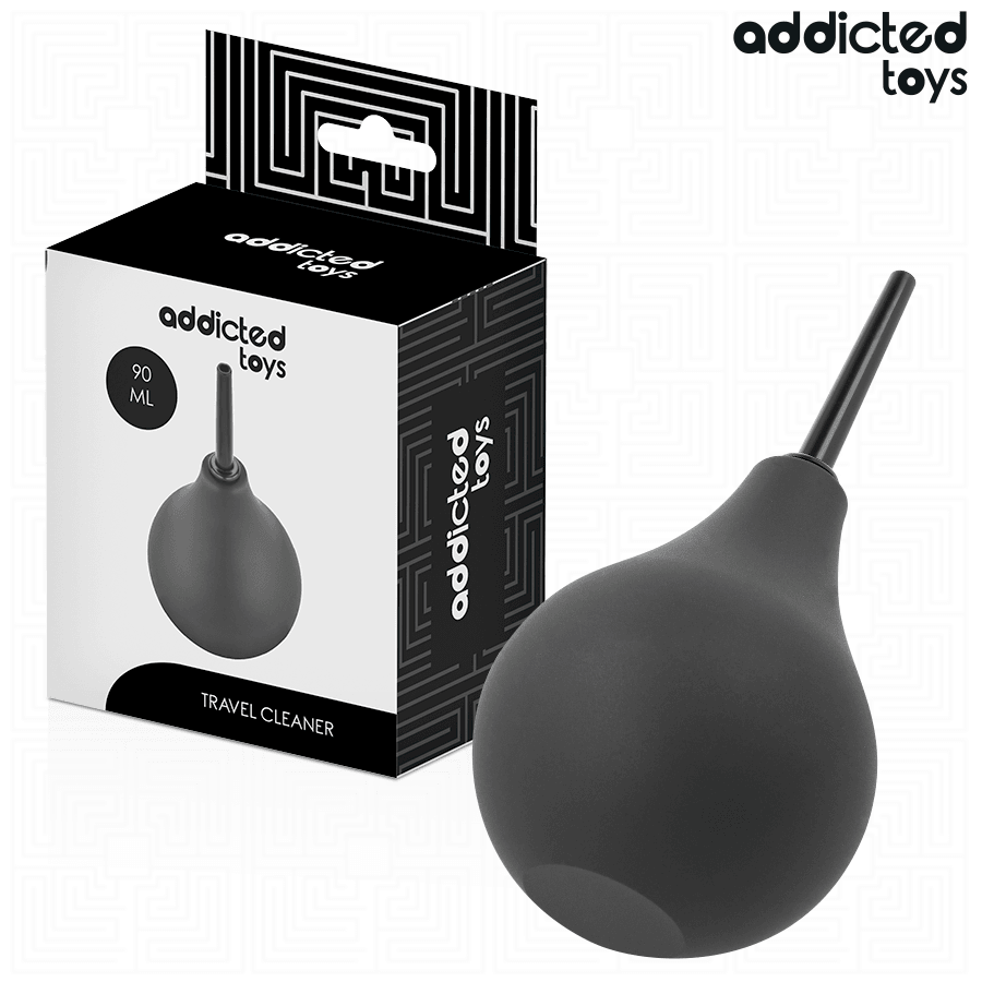 Addicted Toys Travel Cleaner, doccia anale a pera nera da 90 ml accanto alla sua confezione