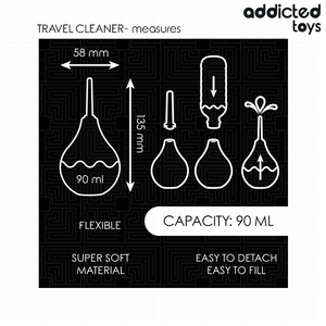 Schema della doccia Travel Cleaner con misure 135 x 58 mm, capacità 90 ml e i passaggi per riempirla