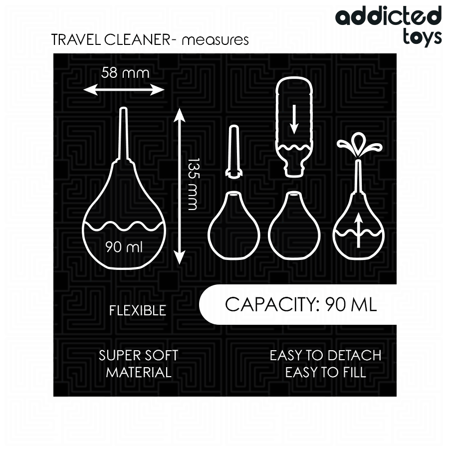 Schema della doccia Travel Cleaner con misure 135 x 58 mm, capacità 90 ml e i passaggi per riempirla