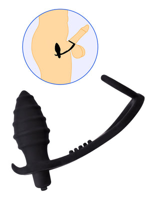 Stimolatore prostatico vibrante con cockring in silicone nero, con lo schema di come si indossa