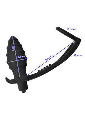 Stimolatore prostatico vibrante con cockring: plug scanalato nero in silicone con le misure (8 cm, Ø 3,9 cm, striscia 11,5 cm, anelli Ø 3,1 e 4 cm)