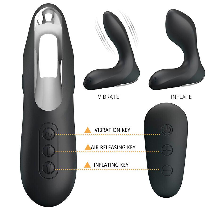 Massaggiatore prostatico gonfiabile Mr Play nero: tasti per vibrazione, gonfiaggio e rilascio dell'aria sotto la base e telecomando a tre tasti