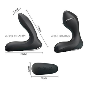 Misure del massaggiatore prostatico: testa da 32 mm sgonfia e 45 mm gonfia, braccio da 135 mm, base da 120 mm, telecomando 72 x 32 mm