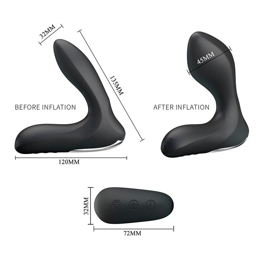Misure del massaggiatore prostatico: testa da 32 mm sgonfia e 45 mm gonfia, braccio da 135 mm, base da 120 mm, telecomando 72 x 32 mm