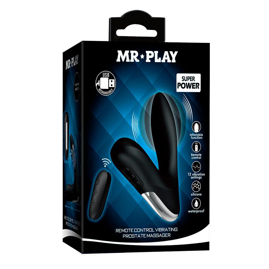 Scatola nera e blu Mr Play del massaggiatore prostatico vibrante con telecomando, con le icone di ricarica USB e 12 vibrazioni