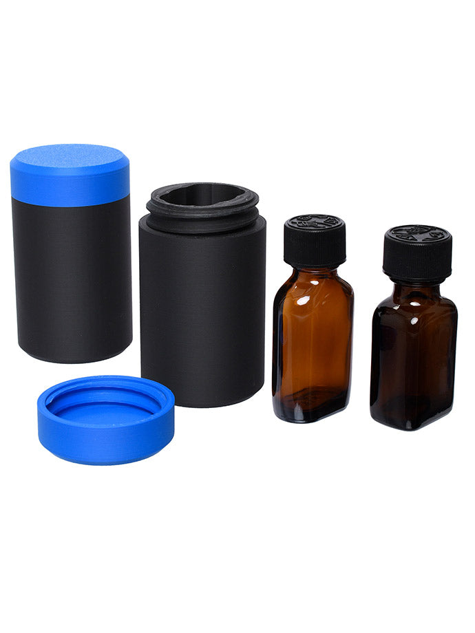 Custodia Poppers Keeper Big aperta con bottiglia popper 24ml come riferimento di misura