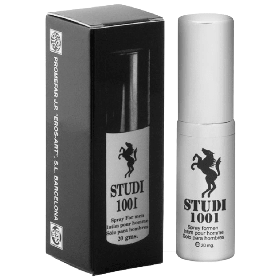 Eros-Art Studi 1001 spray ritardante uomo 20 ml: flacone argentato con il cavallo rampante accanto alla scatola nera